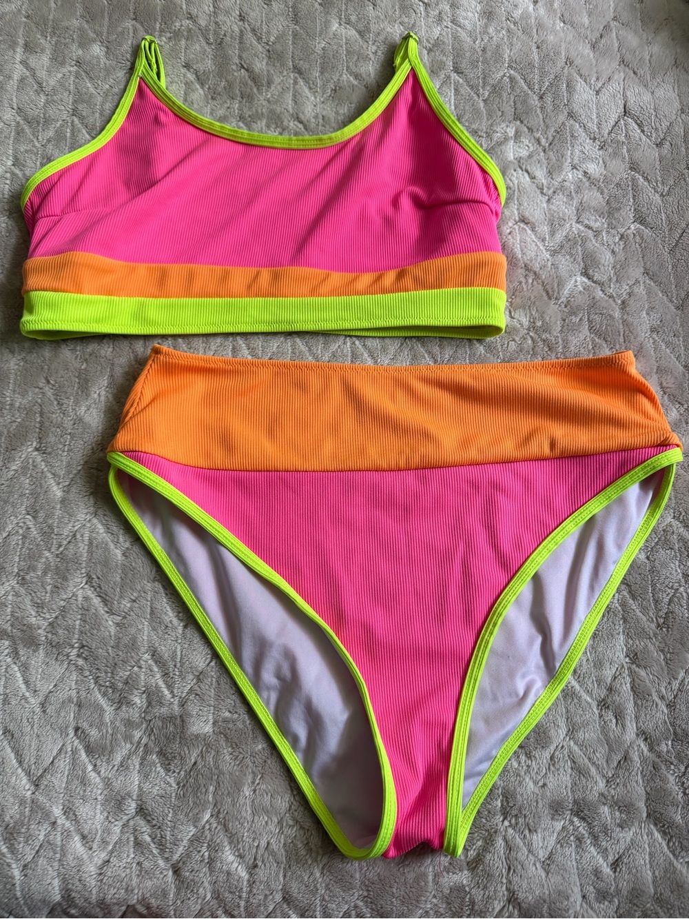 Neon Colorblock High-Waist Bikini — Pink, Orange & Lime